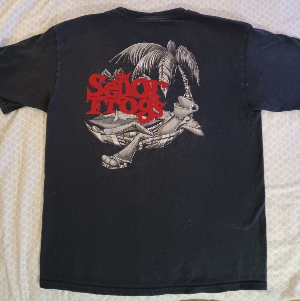 Senor Frogs Shirt Large Black Cotton Souvenir of Aruba Embroidered Embellished